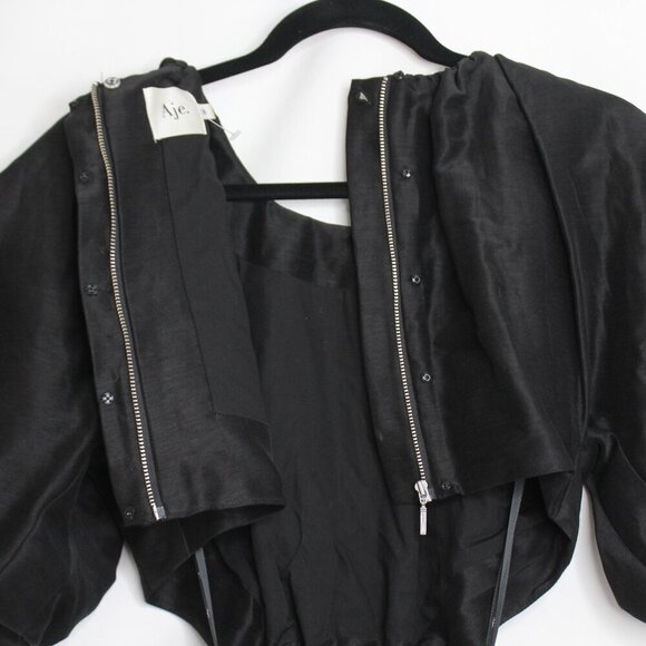 Aje Psychedelia Puff Sleeve Cut Out Mini Dress Tie Back Black Size Medium/8 - Picture 10 of 16